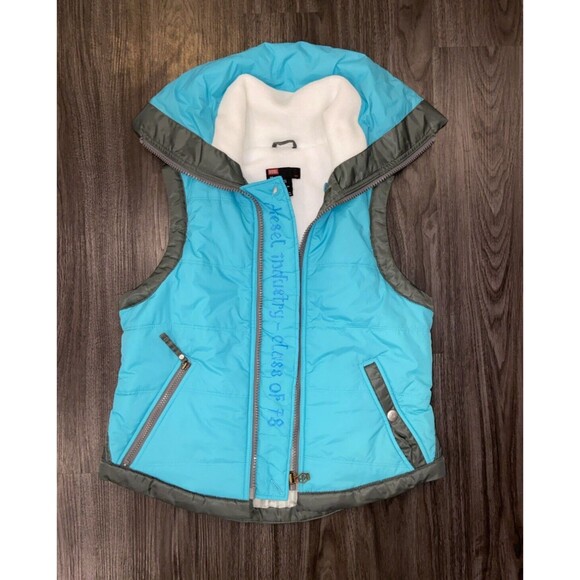 DIESEL SLEEVELESS JACKET VEST PUFFER ZIPPER TEAL WITH GREY TRIM SIZE L LARGE - Picture 3 of 16